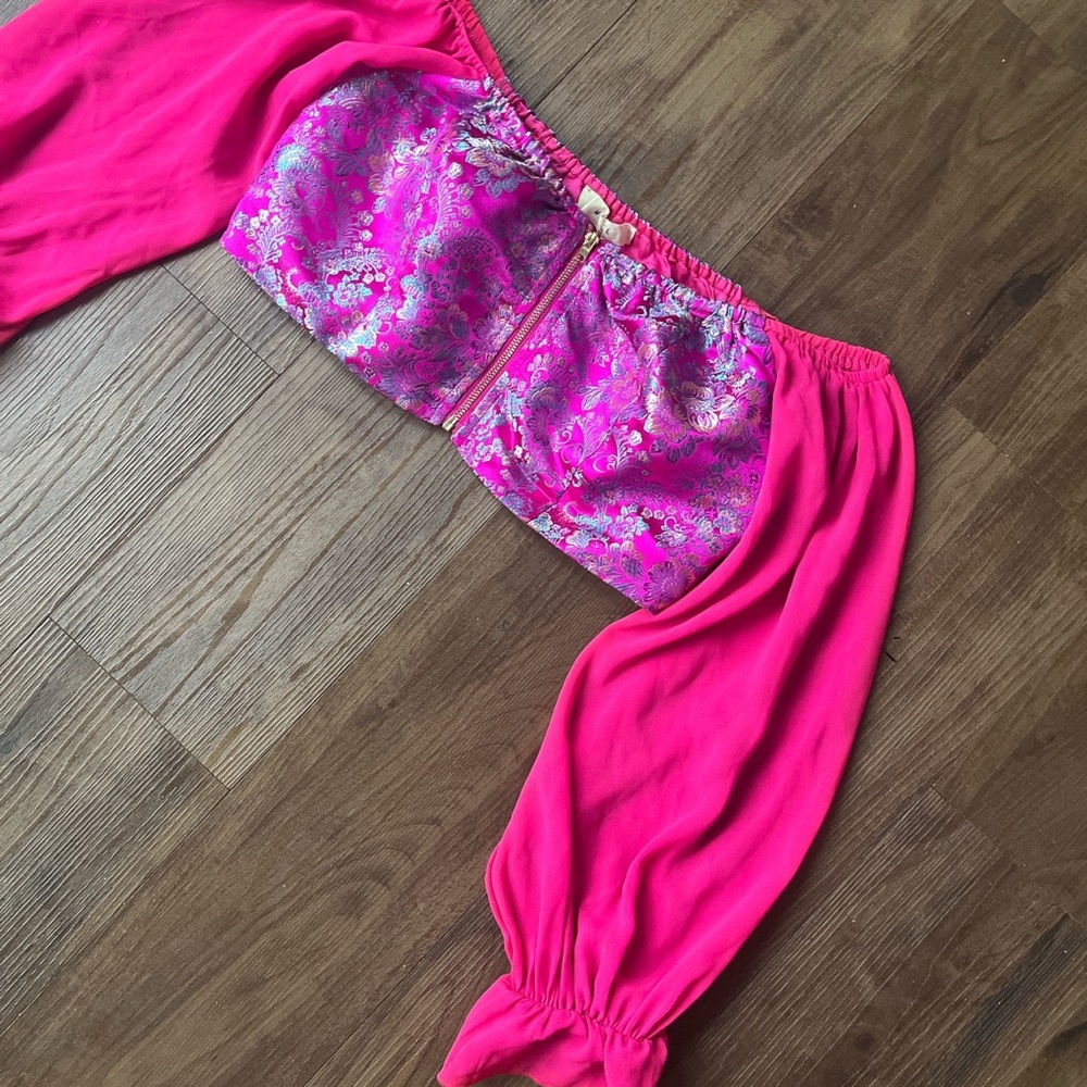 Pink floral brocade off the shoulder crop top with sheer sleeves.